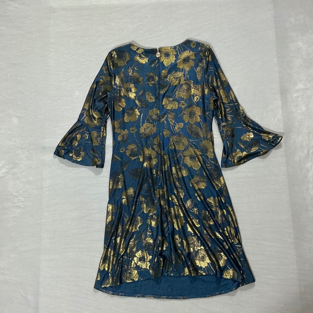 Tommy Hilfiger Teal Gold Metallic Floral Bell Sleeve Jacquard Shift Dress 10 - Picture 4 of 4